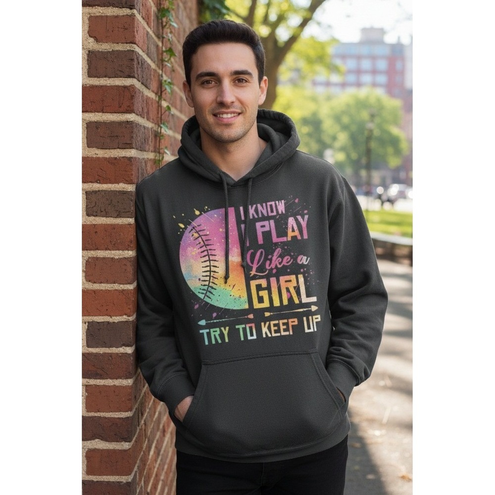 Port & Company Play Like a Girl Softball Hoodie Sweatshirt Black Men's L Graphic